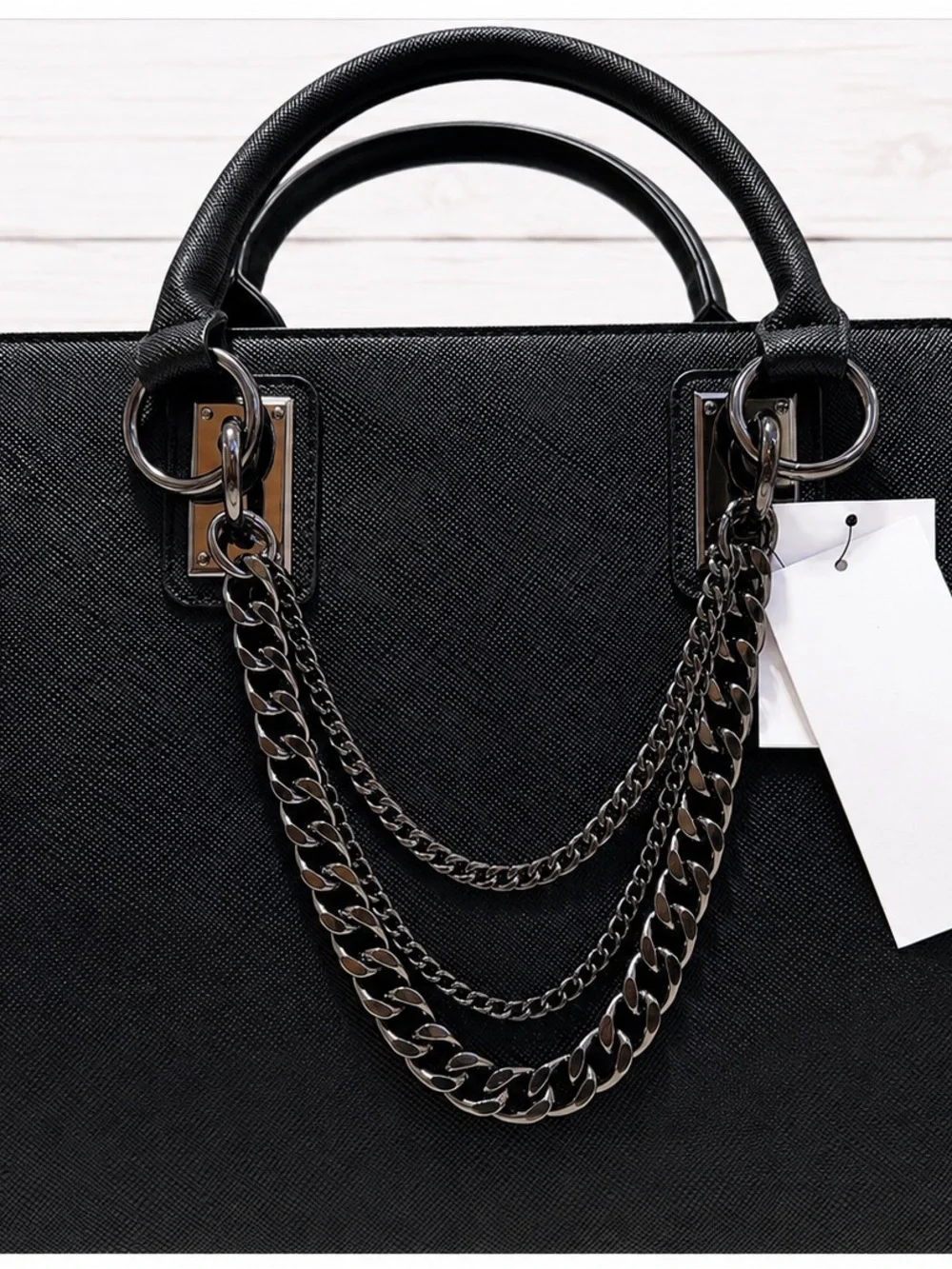 JustFab Black Structured Satchel with Chain Accent